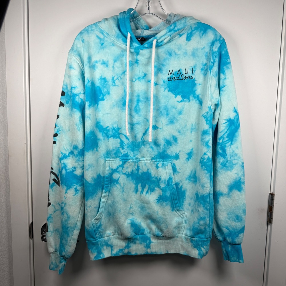 Maui and Sons Mens Blue Tie Dye Pullover Hoodie Surf Graphic Sweatshirt Small